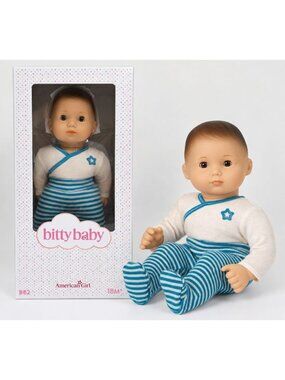 NIB American Girl Bitty Baby BB2 Boy Doll Brown Hair Blue Striped Sleeper 15"